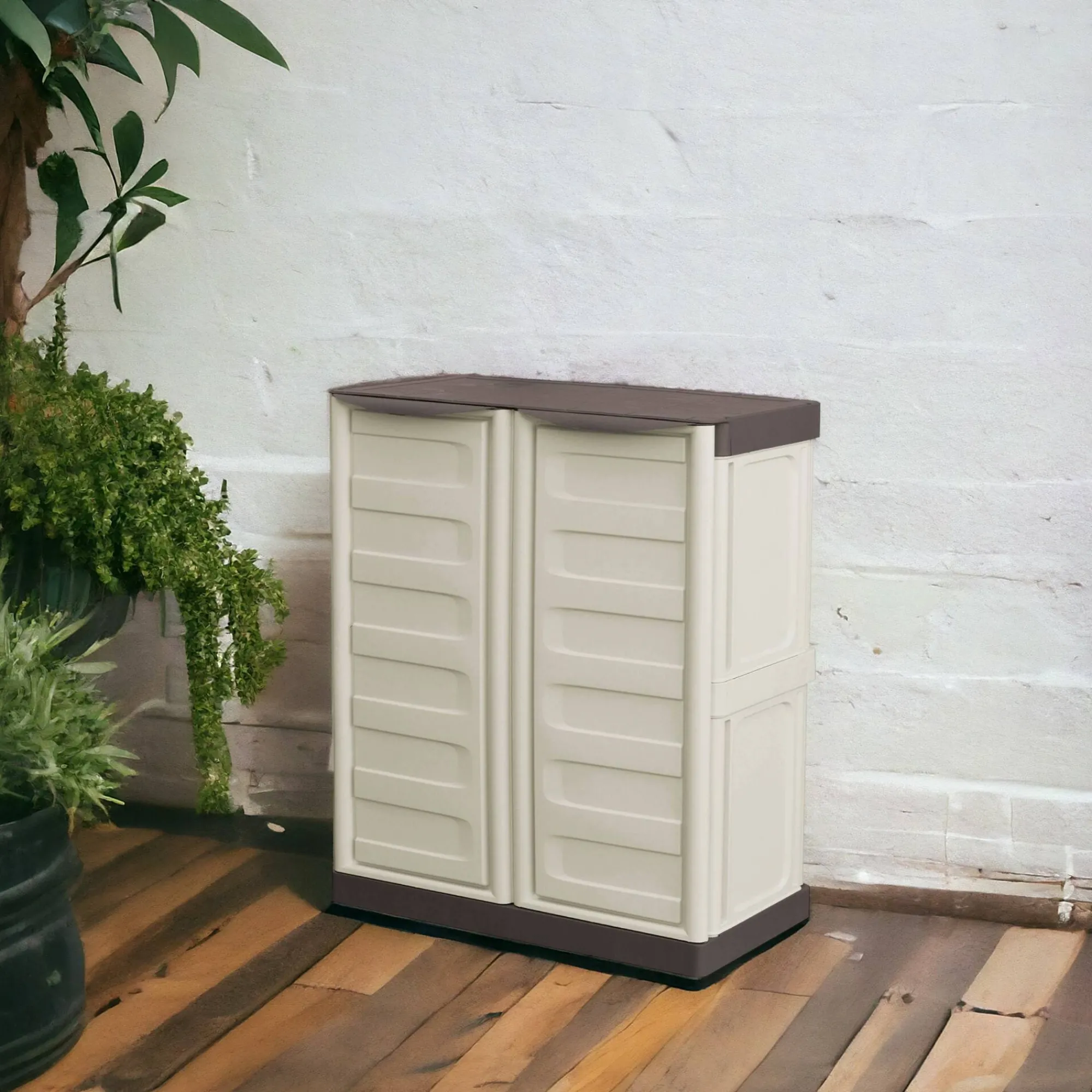 Armadio da esterno Acira, Beige e Marrone, 70x39h86 cm Finitura righe<Dmora Shop
