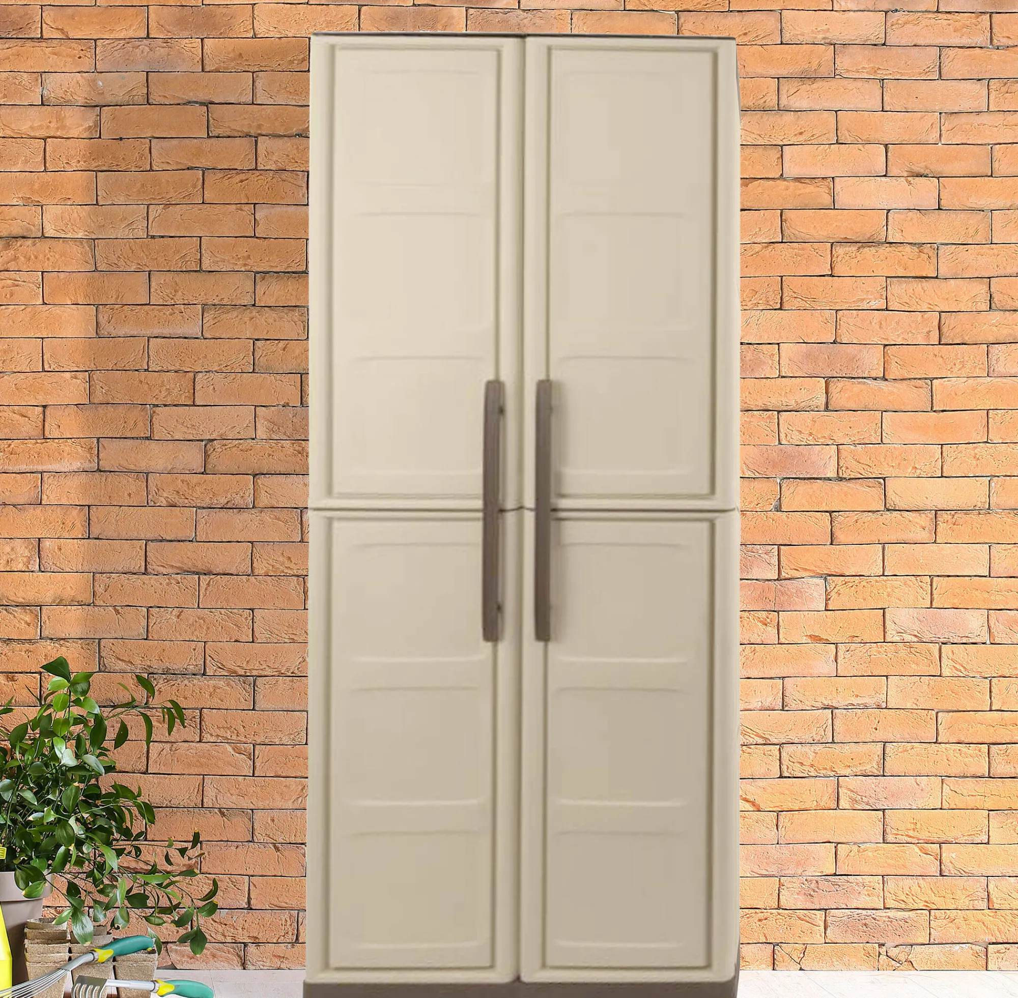 Armadio da esterno Adenina, Beige e Marrone, 70x39h165 cm Finitura quadri<Dmora Clearance