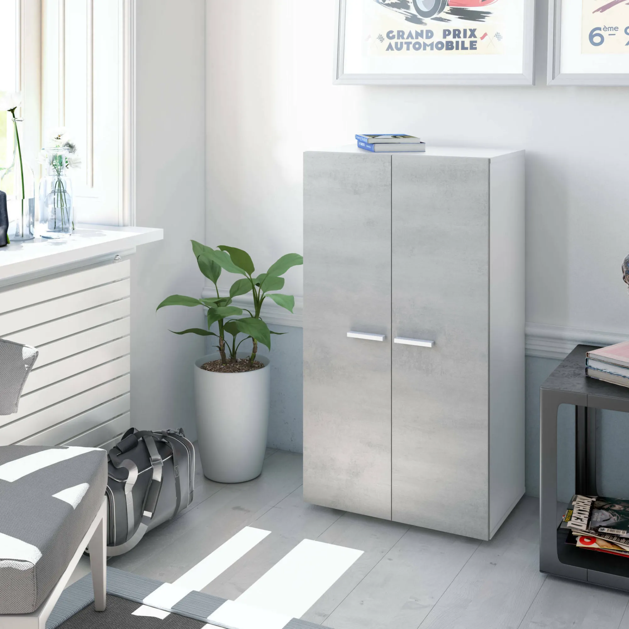 Armadio multiuso 2 ante Arful, 55x36h103 cm, Bianco e Cemento<Dmora Online