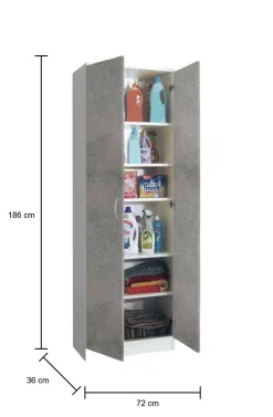 Armadio multiuso 2 ante Dradic, 72x36h186 cm, Bianco e Cemento<Dmora Fashion