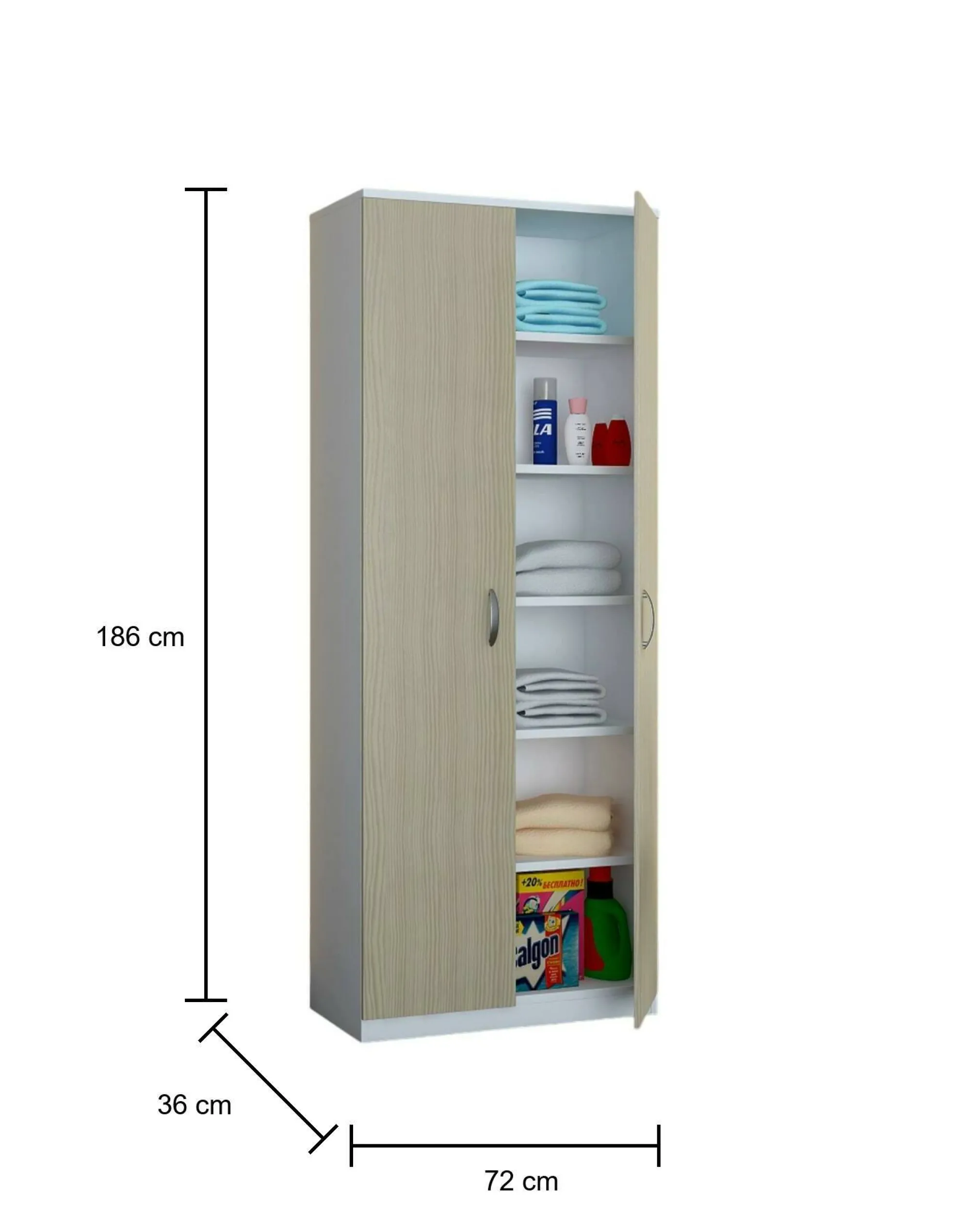 Armadio multiuso 2 ante Ermanno, 72x36h186 cm, Bianco e Rovere<Dmora Flash Sale
