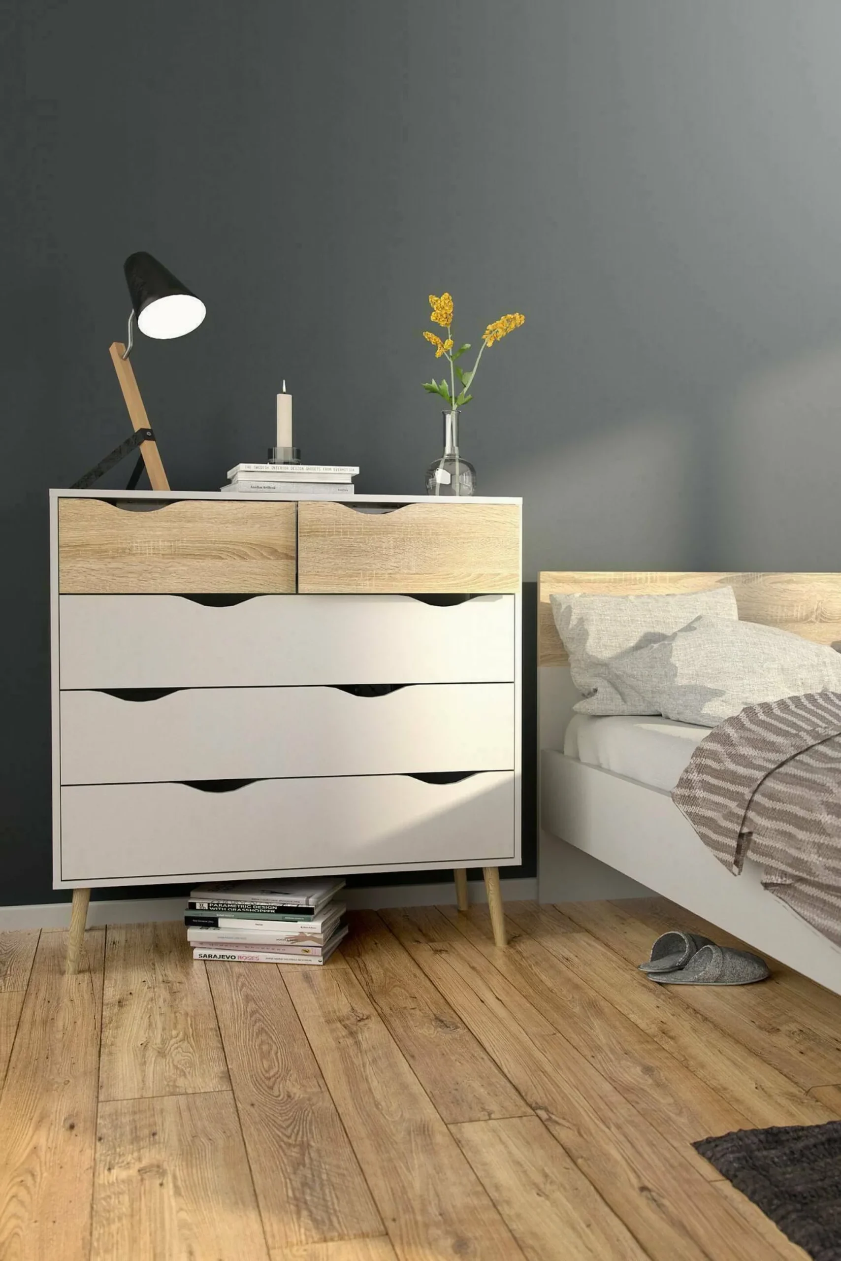 Cassettiera Aurelio, 98x39 h100 cm, Bianco e Quercia<Dmora Discount