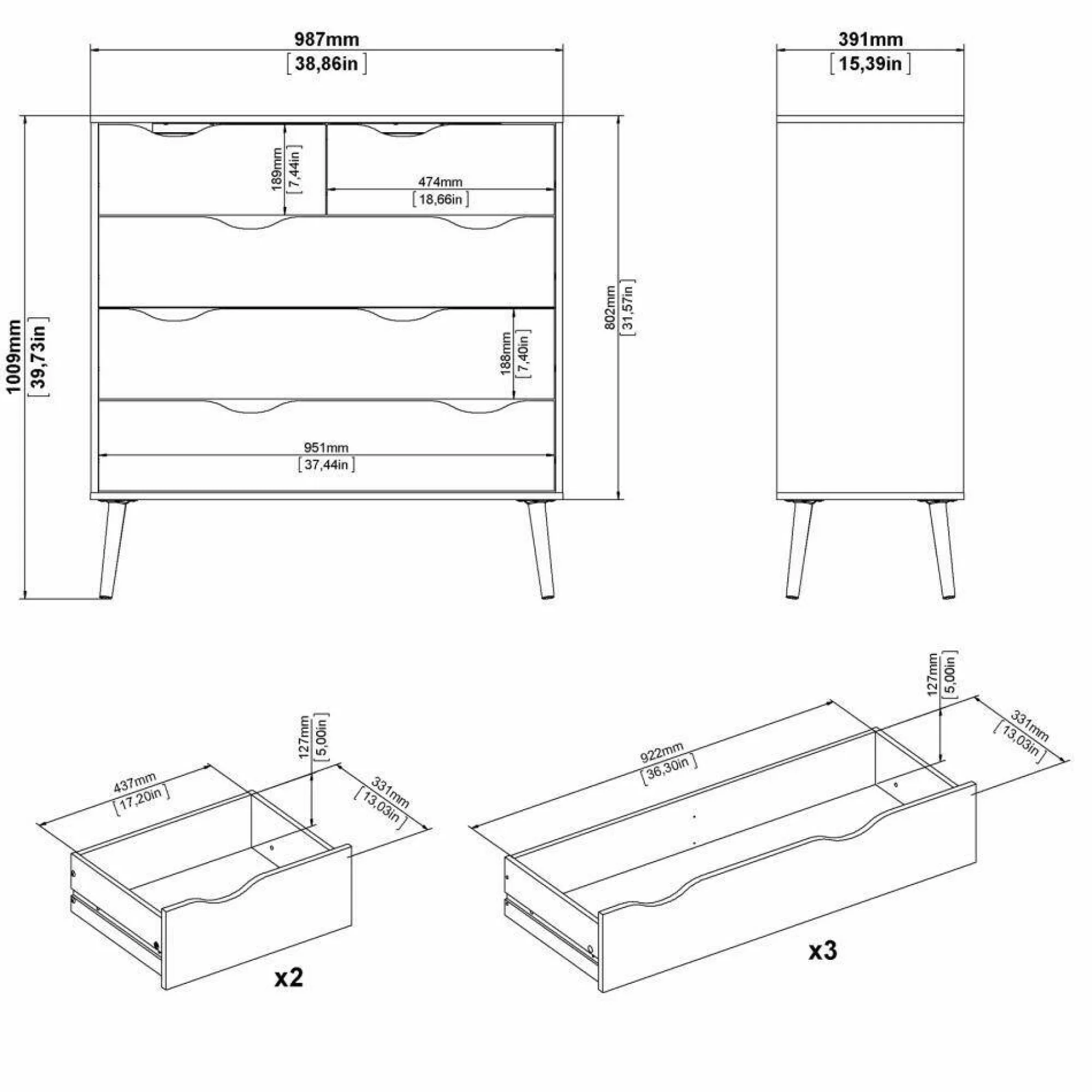 Cassettiera Aurelio, 98x39 h100 cm, Bianco e Quercia<Dmora Discount
