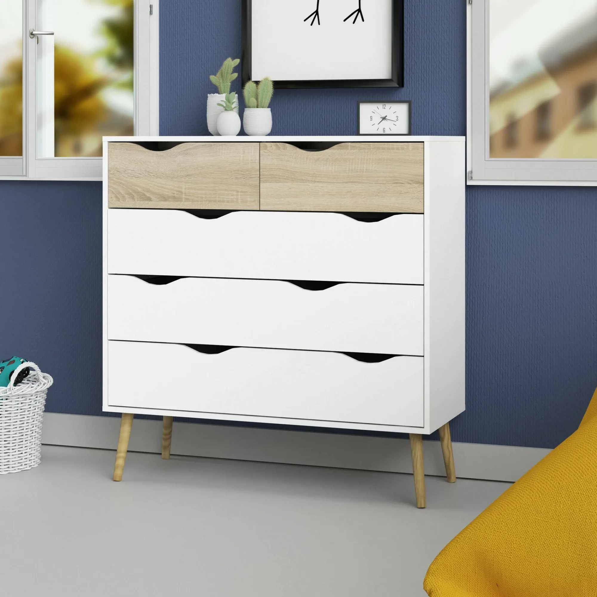 Cassettiera Aurelio, 98x39 h100 cm, Bianco e Quercia<Dmora Discount