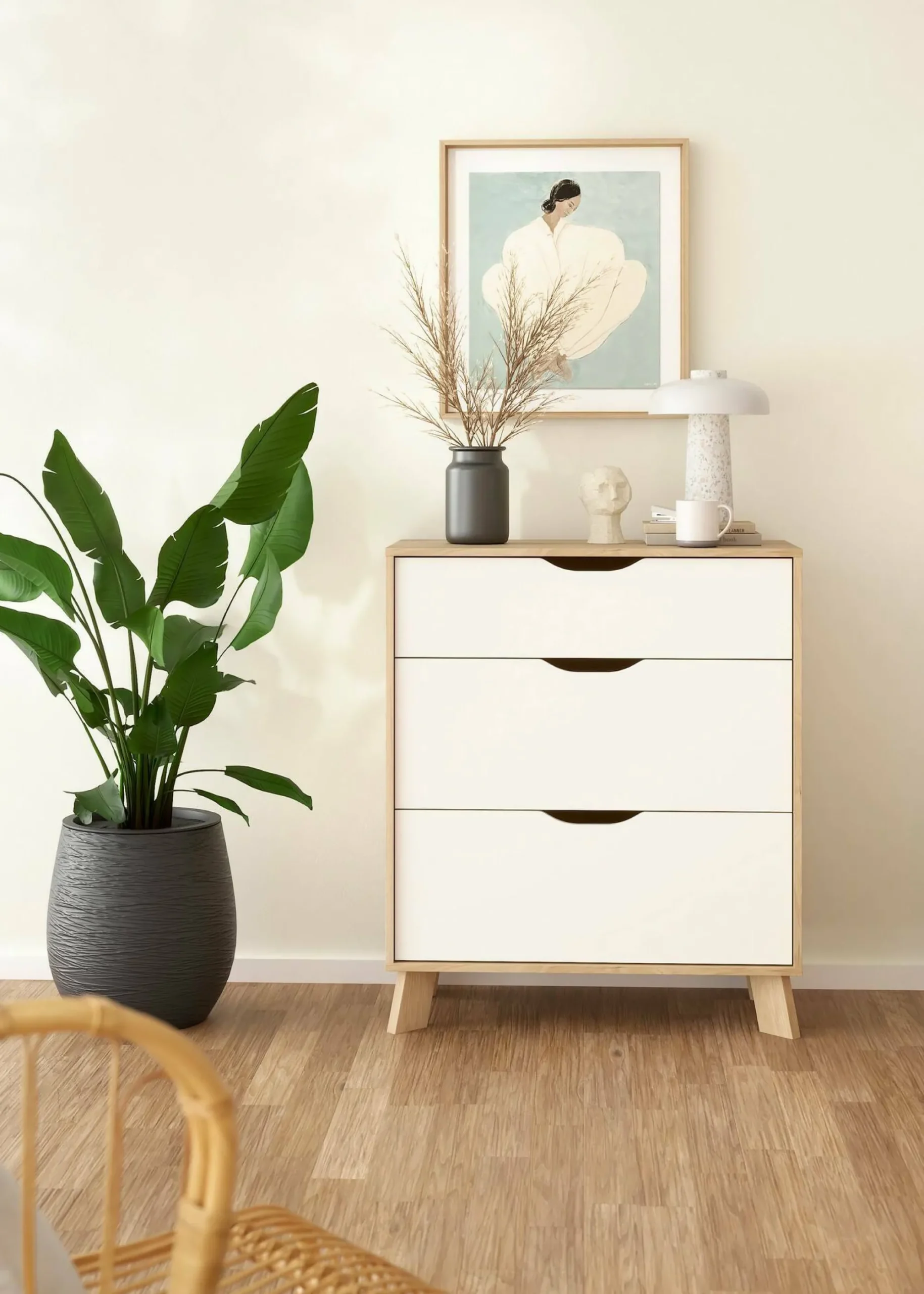 Cassettiera Drinco, 40x79 h92 cm, Rovere e Bianco<Dmora Discount
