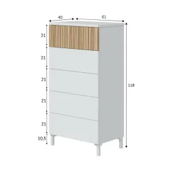 Cassettiera Dzorr, 61x40 h118 cm, Bianco e Rovere<Dmora Discount