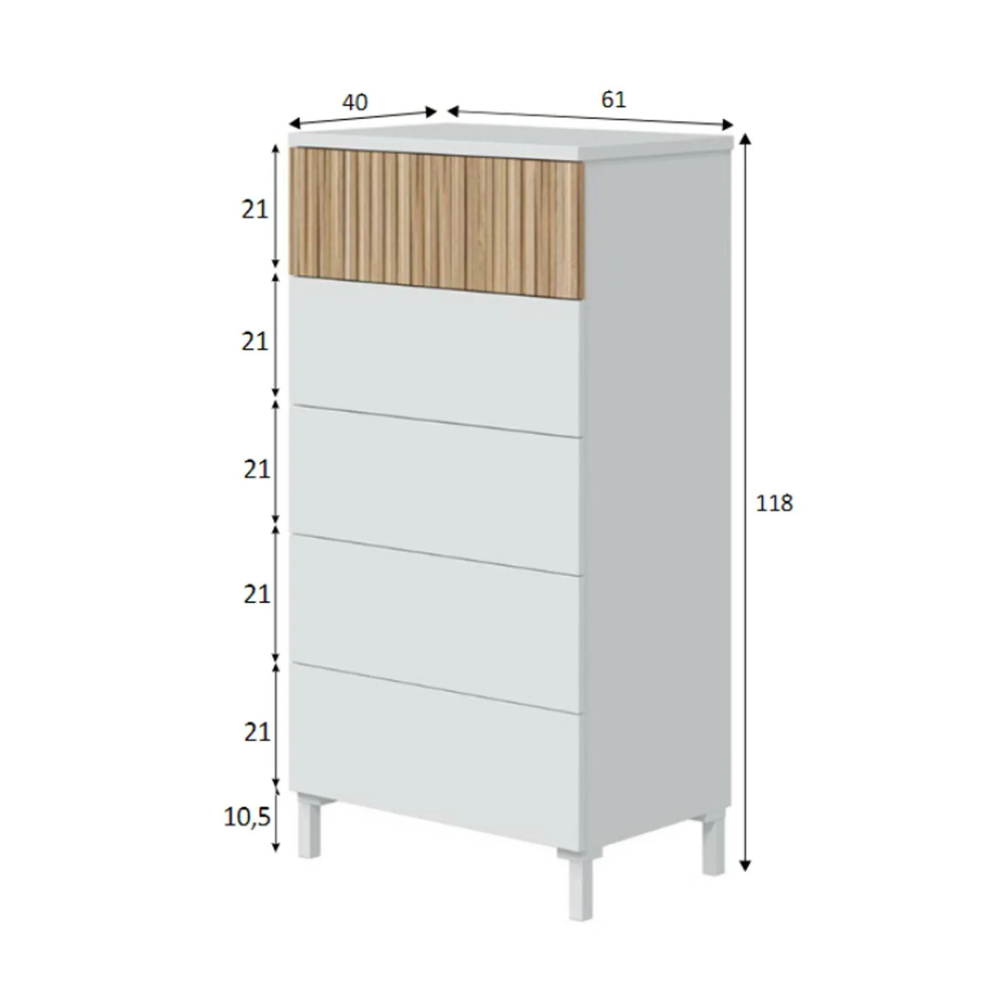 Cassettiera Dzorr, 61x40 h118 cm, Bianco e Rovere<Dmora Discount
