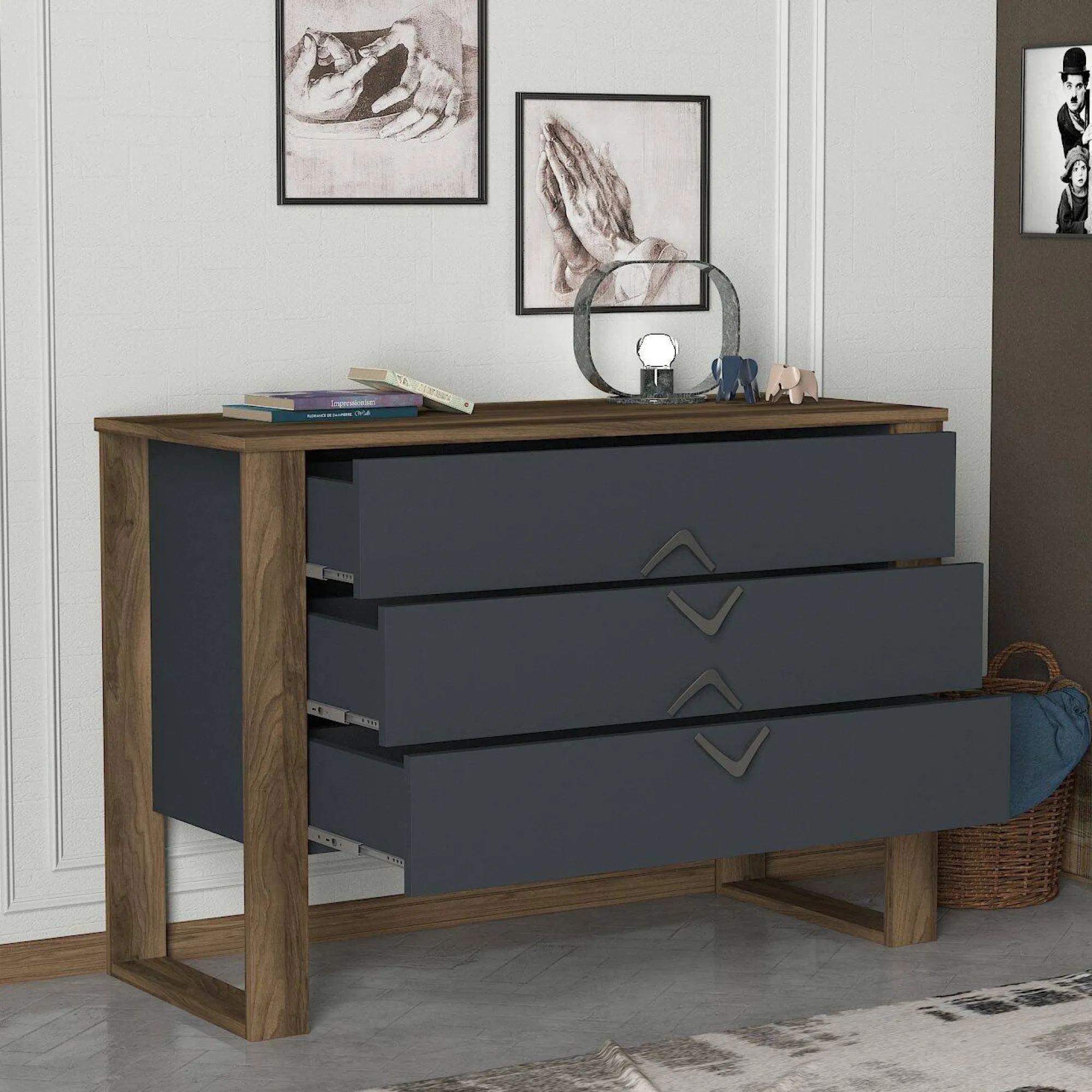 Cassettiera Jova, 110x45 h76 cm, Noce e Antracite<Dmora Shop