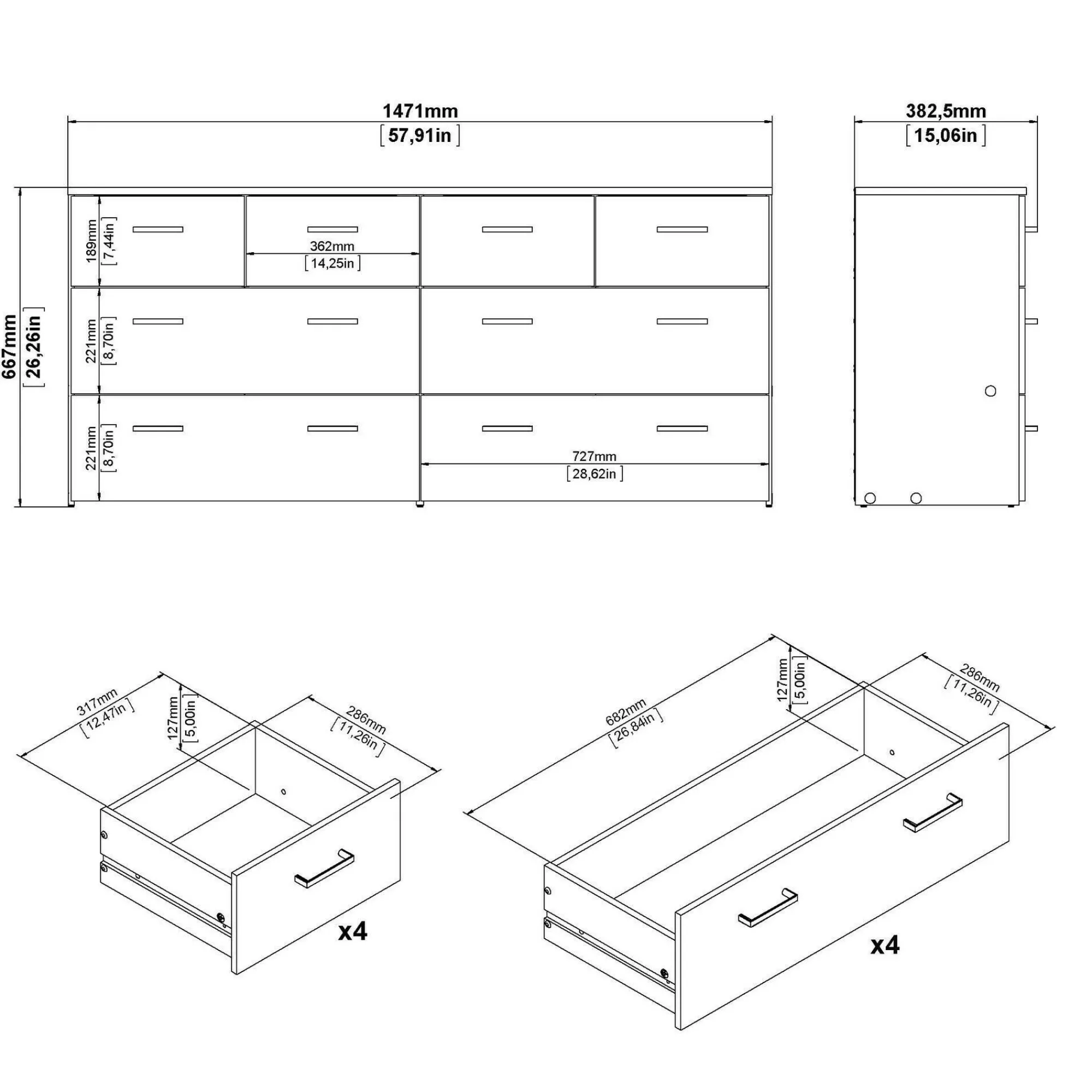 Cassettiera Lista, 36x147 h67 cm, Quercia e Bianco<Dmora Flash Sale