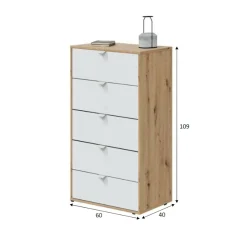 Cassettiera Praha, 60x40 h109 cm, Bianco e Rovere Nodi<Dmora Fashion