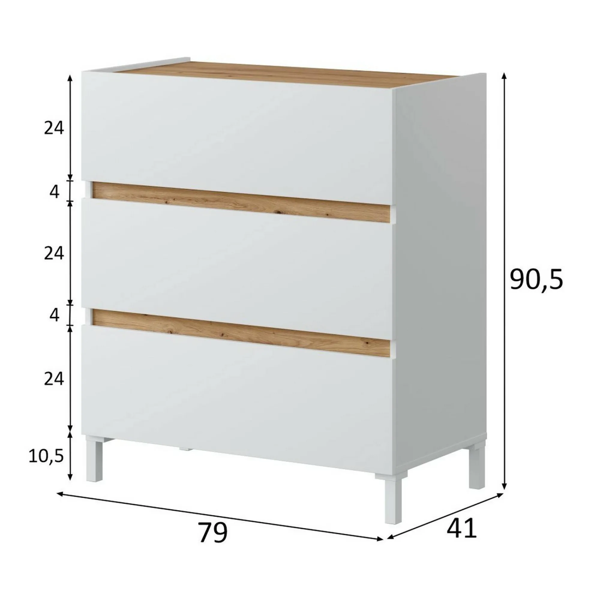 Cassettiera Teddy, 79x41 h91 cm, Bianco e Rovere Nodi<Dmora Fashion