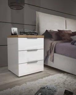 Comodino Ddawidowic, 45x43h55 cm, Bianco lucido e Rovere<Dmora Best Sale
