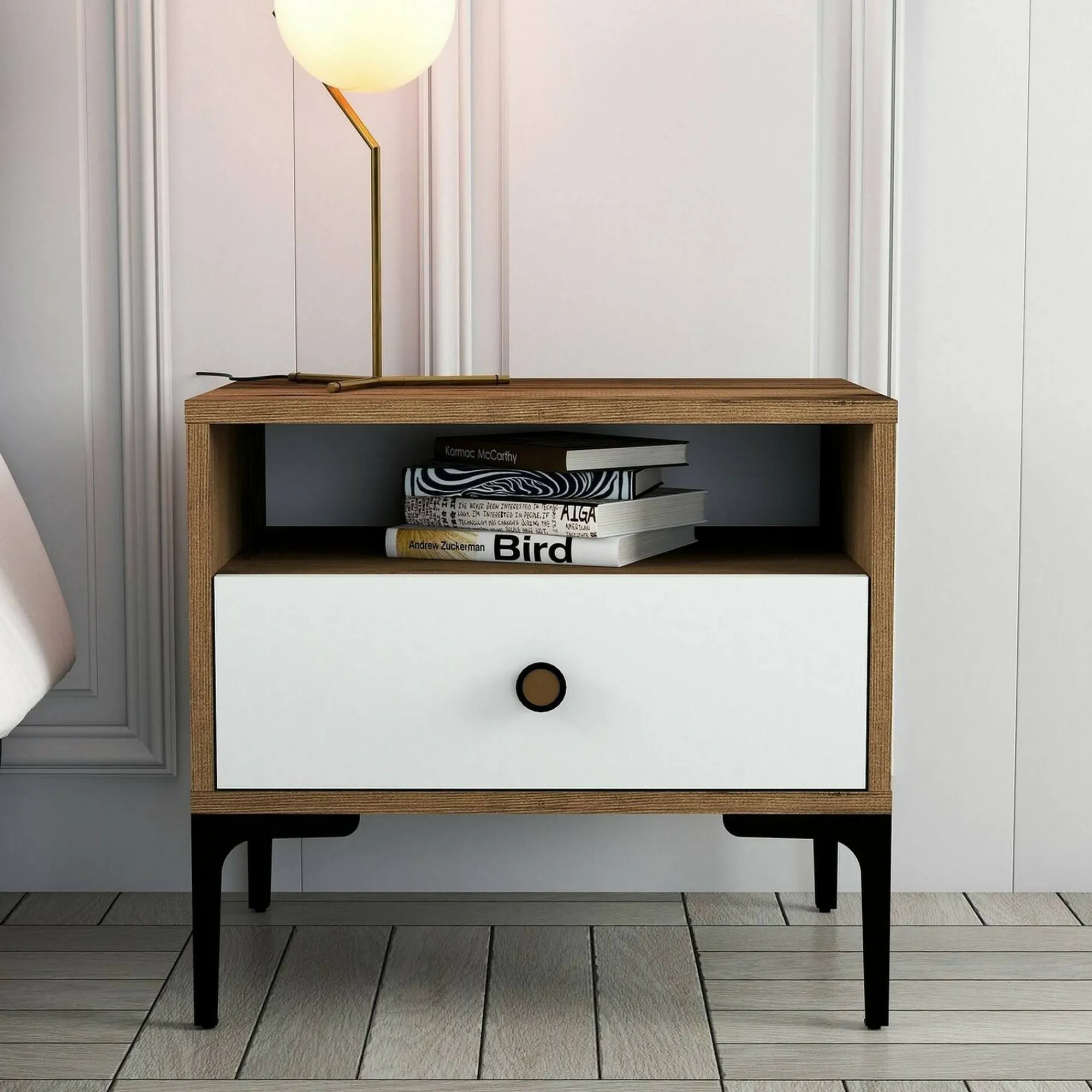 Comodino Editta, 56x40h51 cm, Noce e Bianco<Dmora New