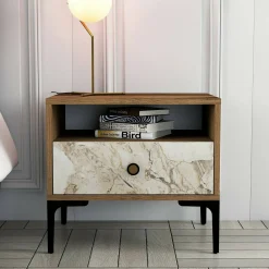 Comodino Editta, 56x40h51 cm, Noce e Bianco Marmo<Dmora Clearance