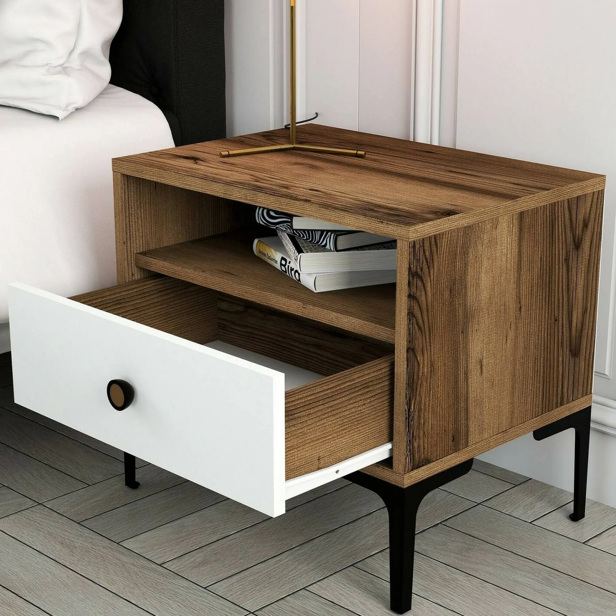 Comodino Editta, 56x40h51 cm, Noce e Bianco<Dmora New