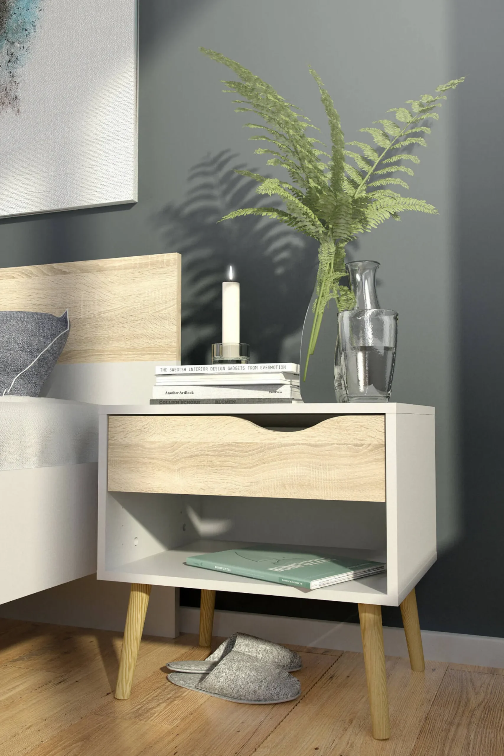 Comodino Lucina, 50x39 h49 cm, Bianco e Quercia<Dmora Hot