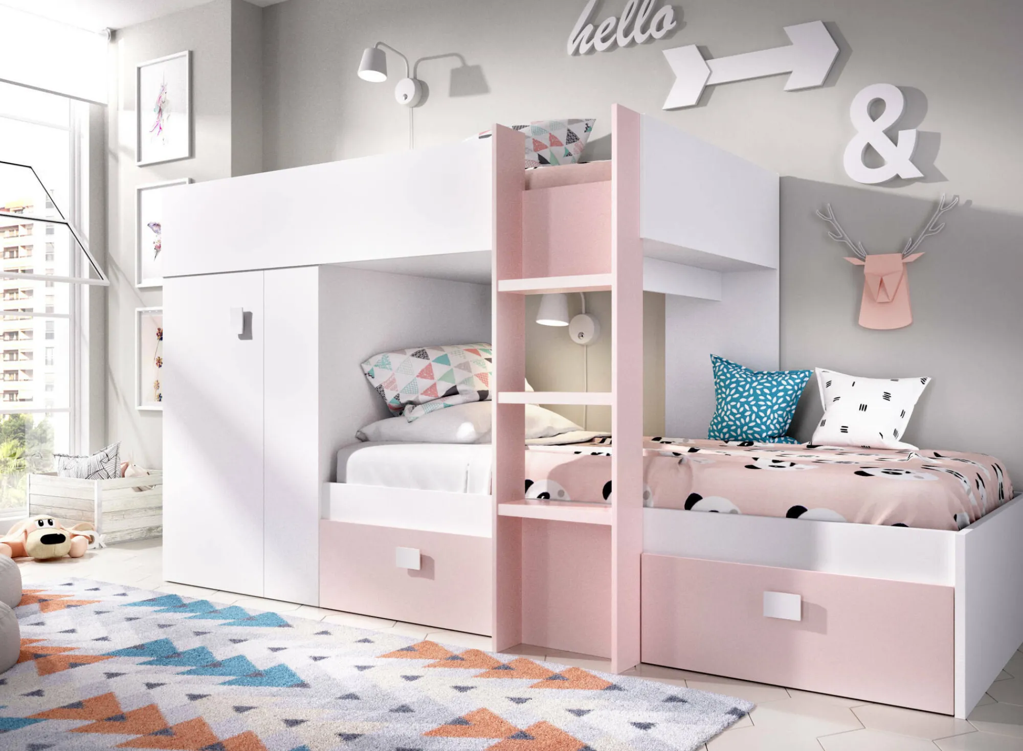Composizione camera da letto Araba, 271x111h150 cm, Bianco e Rosa<Dmora Fashion