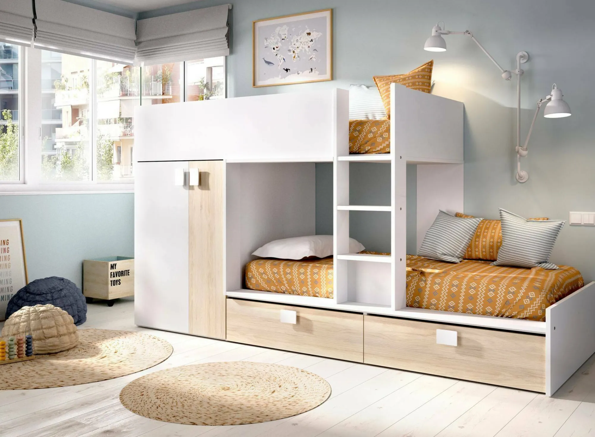 Composizione camera da letto Acerola, 275x108h150 cm, Bianco e Rovere<Dmora Best