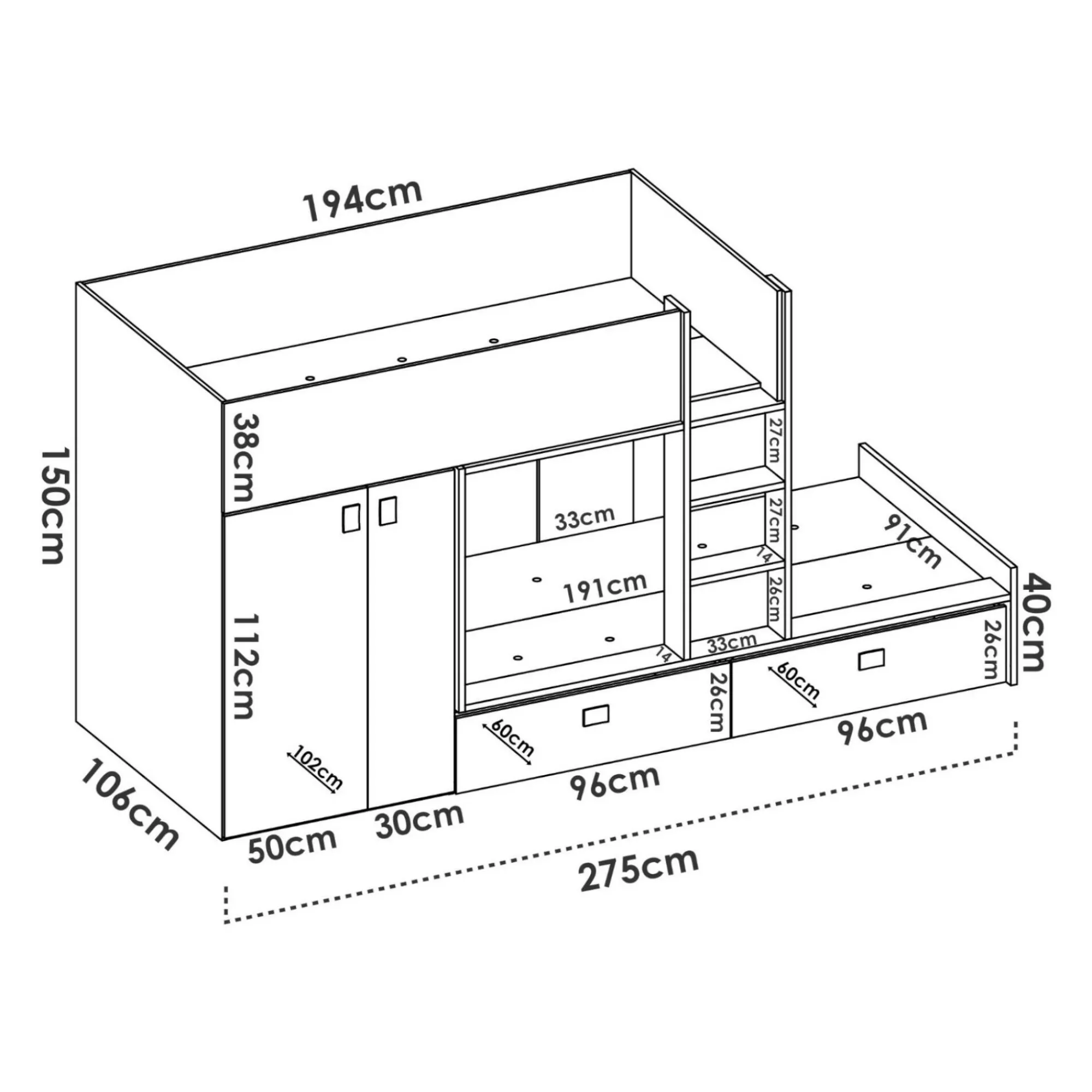Composizione camera da letto Acerola, 275x108h150 cm, Bianco e Rovere<Dmora Best