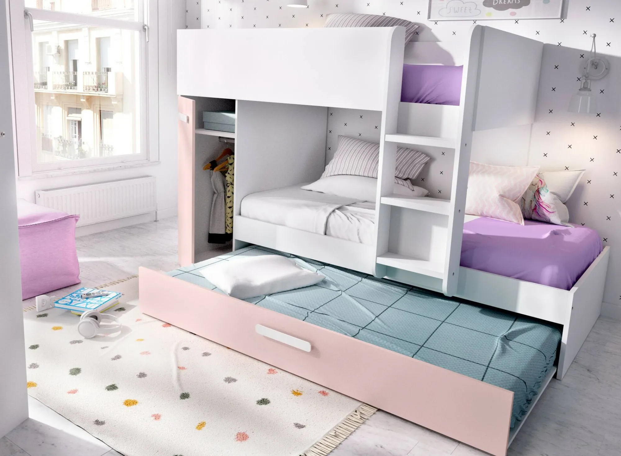 Composizione camera da letto Hikaa, 244x112 h150 cm, Bianco e Rosa<Dmora New