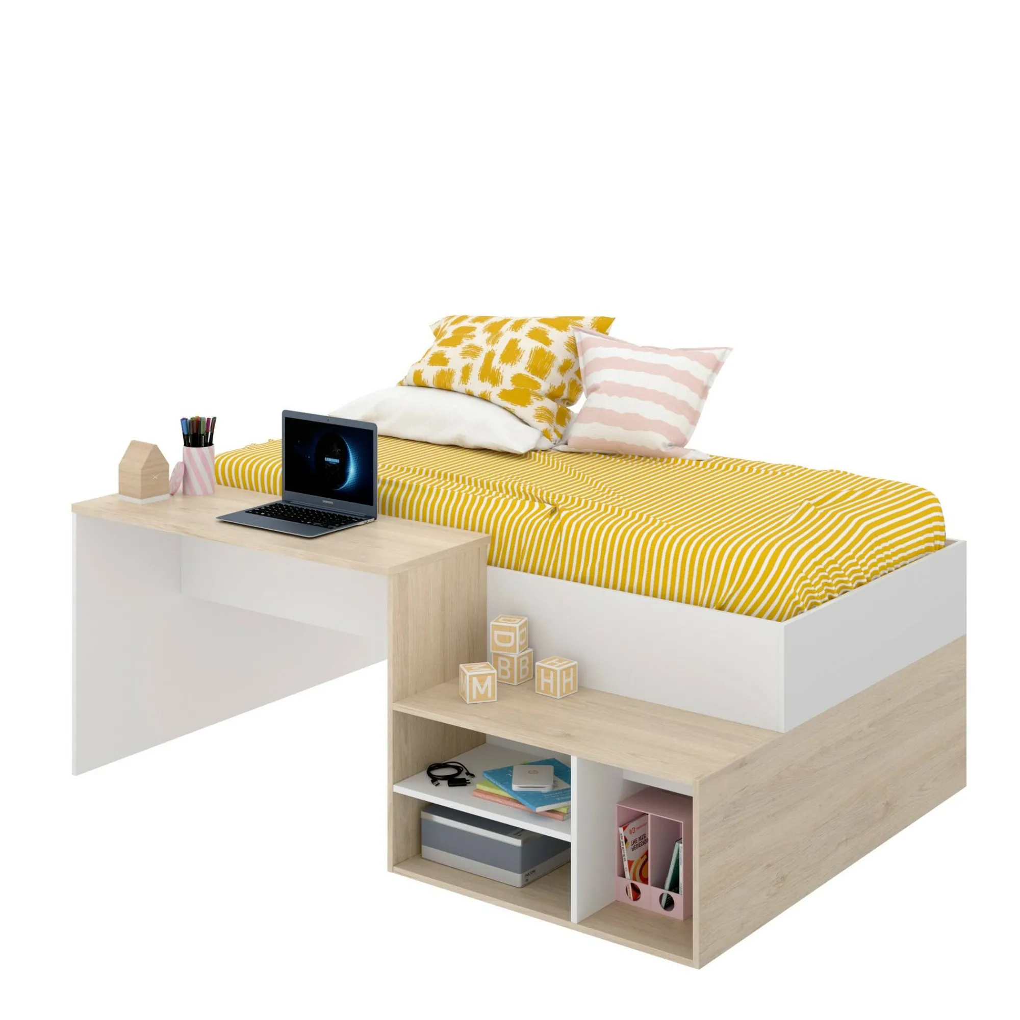 Composizione camera da letto Argh, 195x134h73 cm, Bianco e Rovere<Dmora New