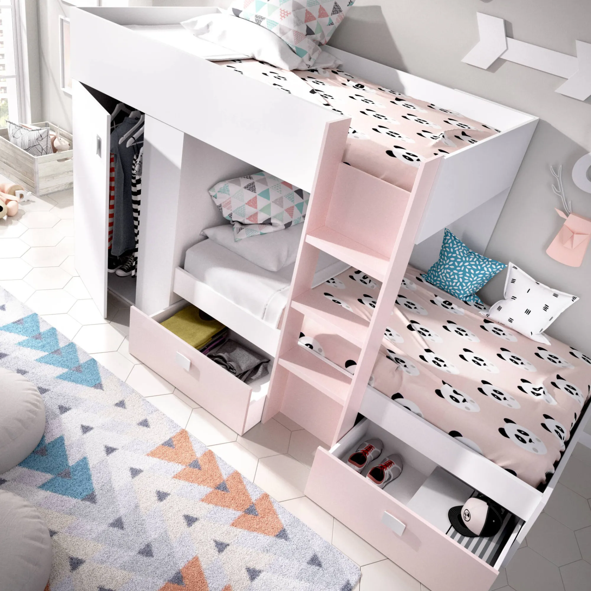Composizione camera da letto Araba, 271x111h150 cm, Bianco e Rosa<Dmora Fashion