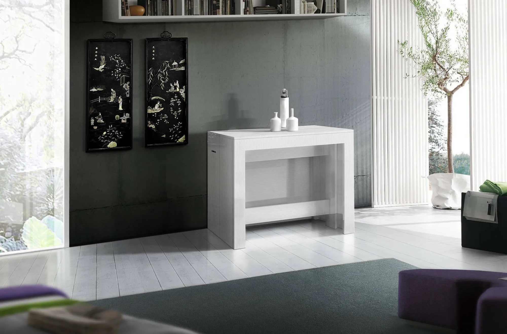 Consolle allungabile Anello, cm 51/300x90h77, Bianco lucido Larice<Dmora Outlet