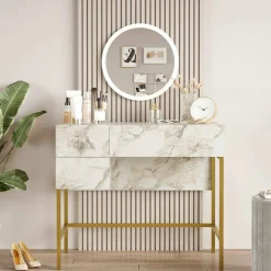 Consolle Ddawididasia, 88x44 h77 cm, Bianco e Oro<Dmora Store