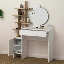 Consolle Draspador, 35x35 h151 cm, Bianco e Quercia<Dmora Cheap