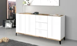 Credenza Abic, cm 160x40h82, Bianco lucido e Acero<Dmora Sale