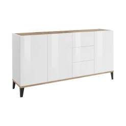 Credenza Abic, cm 160x40h82, Bianco lucido e Acero<Dmora Sale