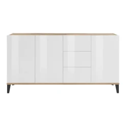 Credenza Abic, cm 160x40h82, Bianco lucido e Acero<Dmora Sale