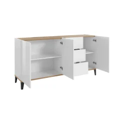 Credenza Abic, cm 160x40h82, Bianco lucido e Acero<Dmora Sale