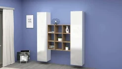 Credenza Acerenza, cm 170x30h180, Bianco lucido e Acero<Dmora New