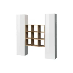 Credenza Acerenza, cm 170x30h180, Bianco lucido e Acero<Dmora New