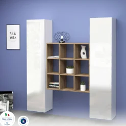 Credenza Acerenza, cm 170x30h180, Bianco lucido e Acero<Dmora New