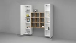 Credenza Acerenza, cm 170x30h180, Bianco lucido e Acero<Dmora New