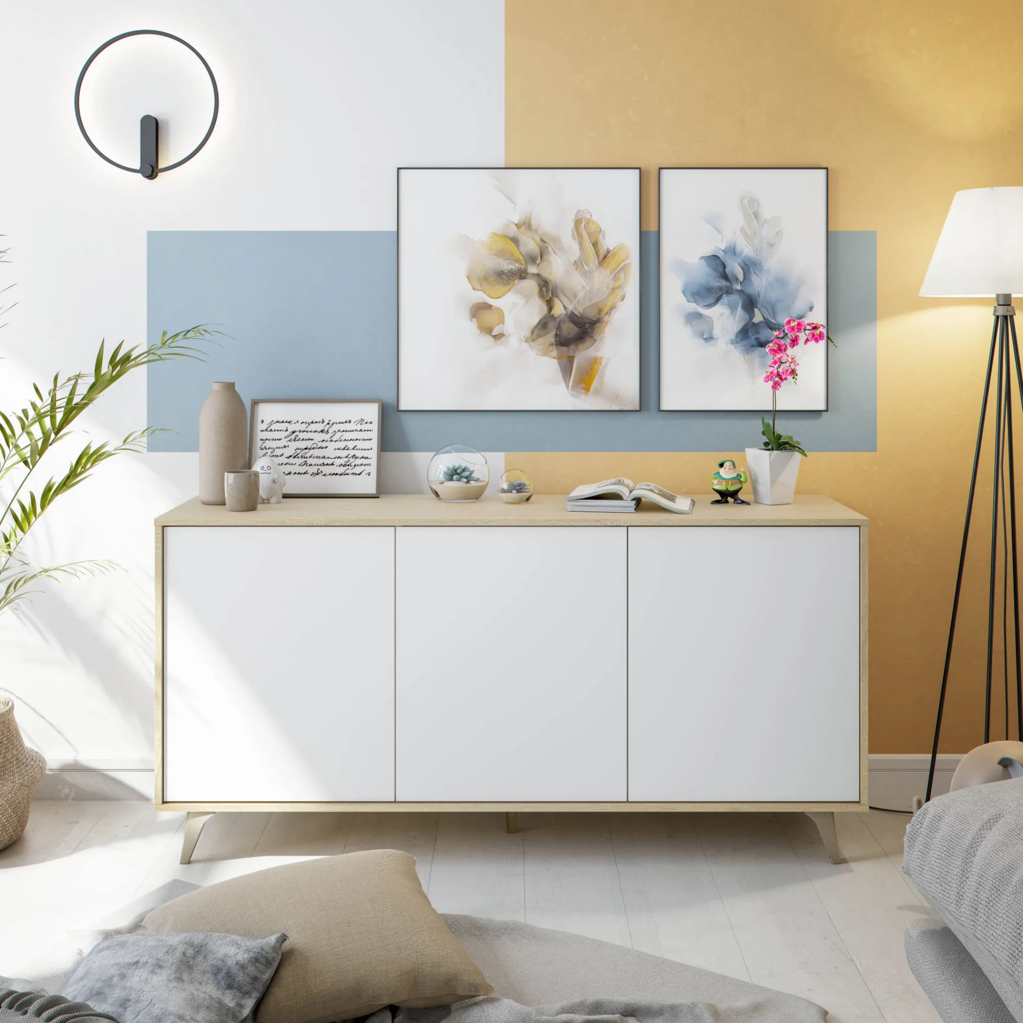 Credenza Acrolorum, 154x40h75 cm, Rovere e Bianco<Dmora Sale