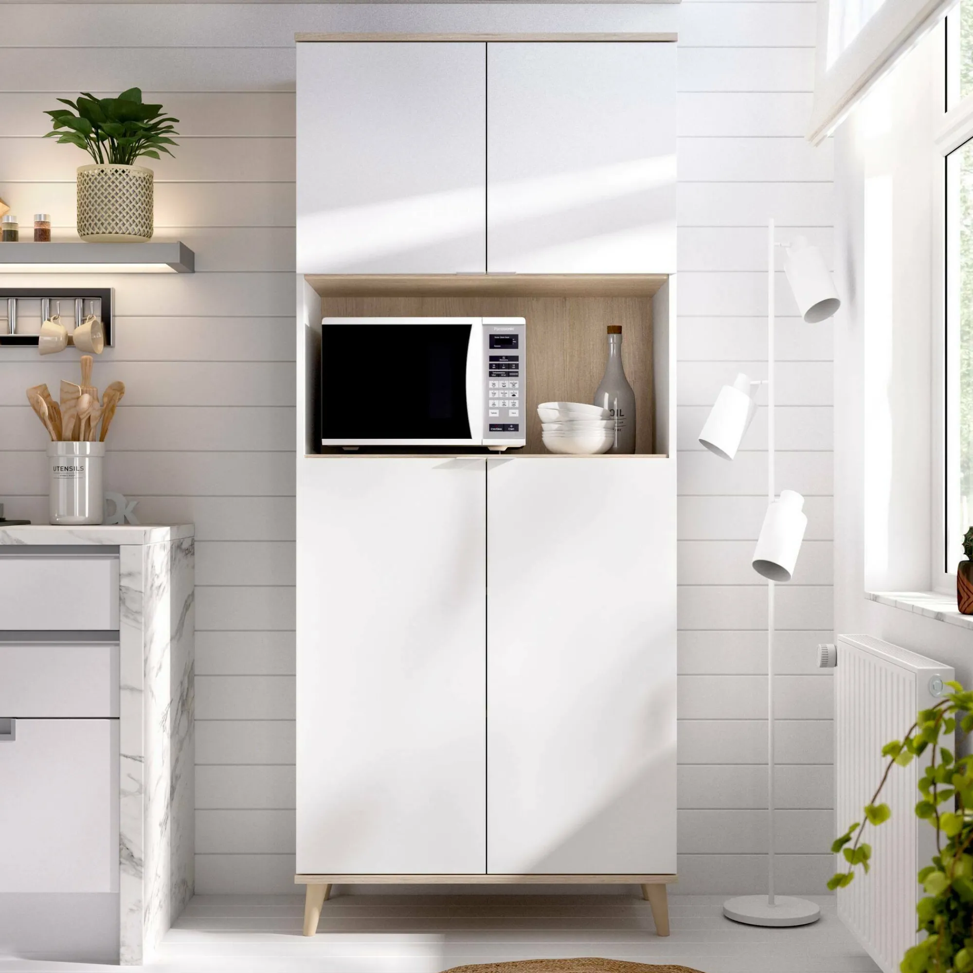 Credenza Acura, 80x40h191 cm, Bianco e Rovere<Dmora Fashion