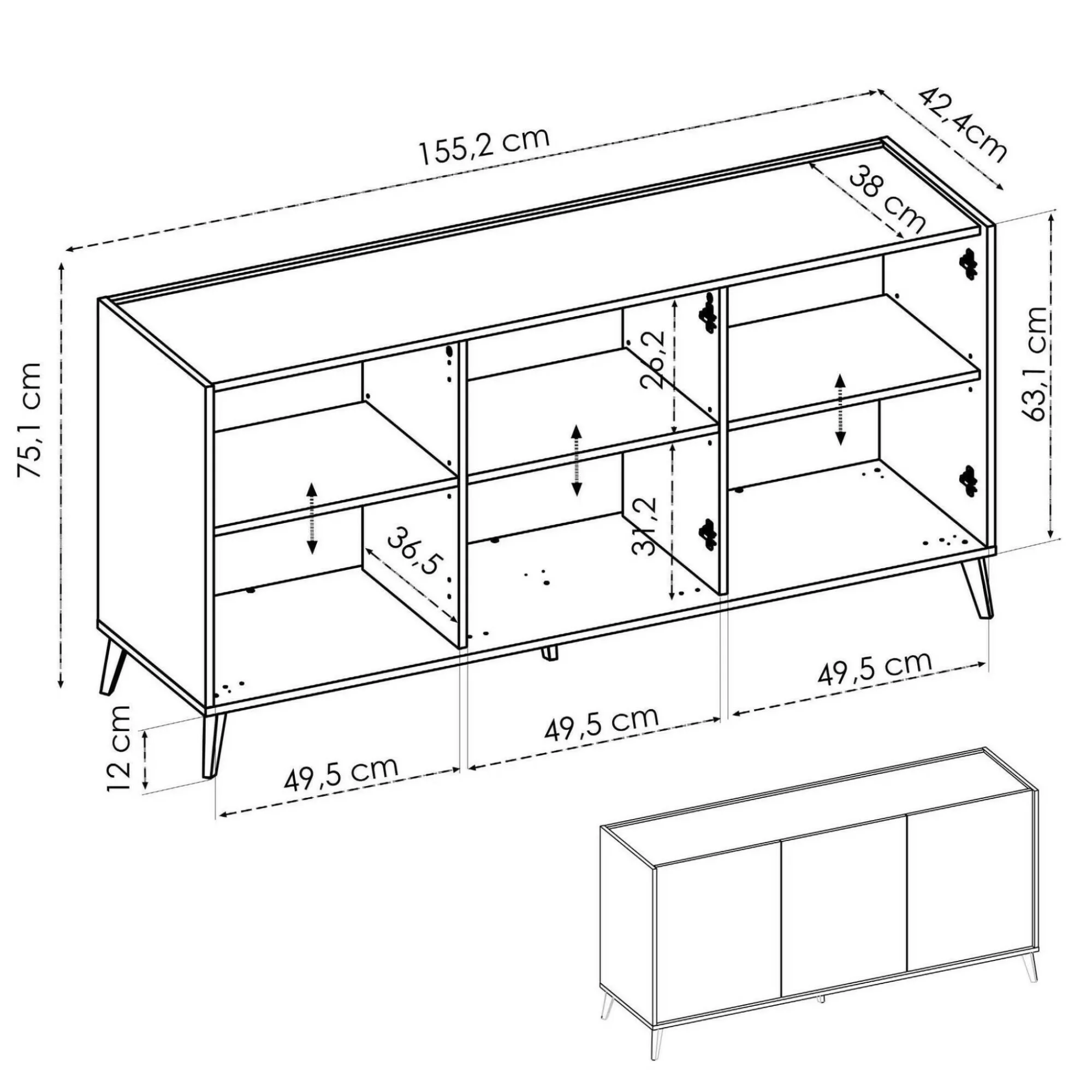 Credenza Afrodite, 155x43h75 cm, Rovere e Bianco<Dmora New