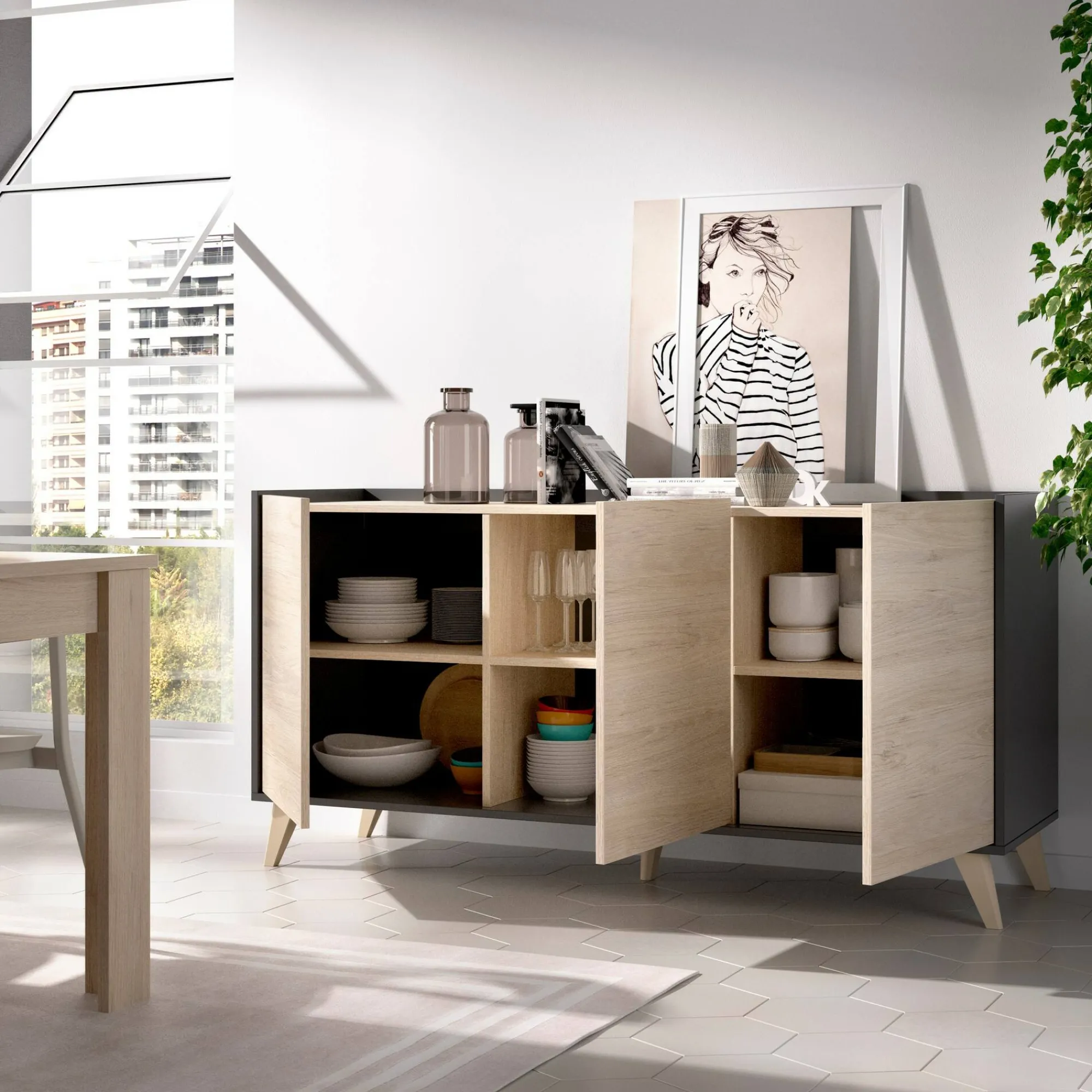 Credenza Afrodite, 155x43h75 cm, Rovere e Antracite<Dmora Sale