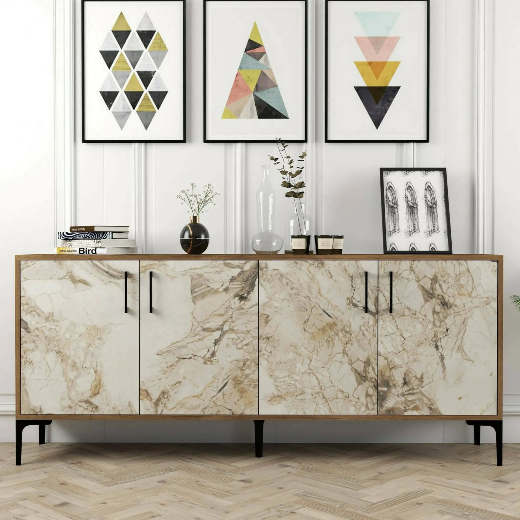 Credenza Agape, 180x35h78 cm, Noce e Bianco Marmo<Dmora Shop