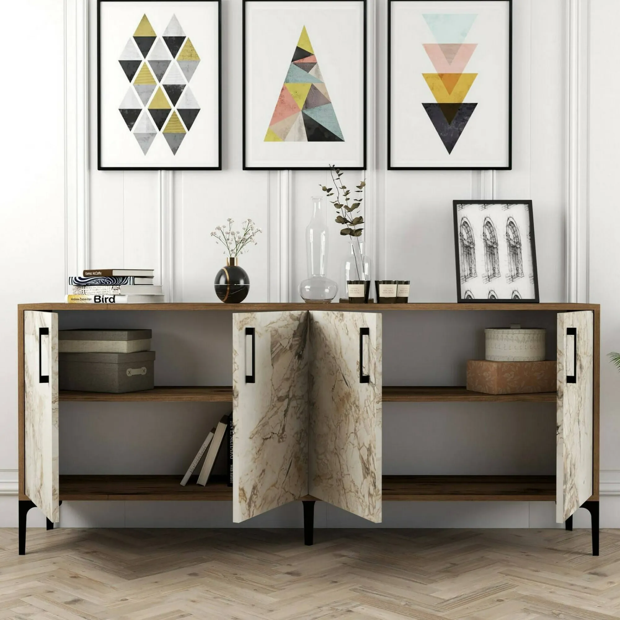 Credenza Agape, 180x35h78 cm, Noce e Bianco Marmo<Dmora Shop