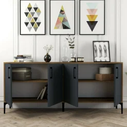 Credenza Agape, 180x35h78 cm, Noce e Antracite<Dmora New