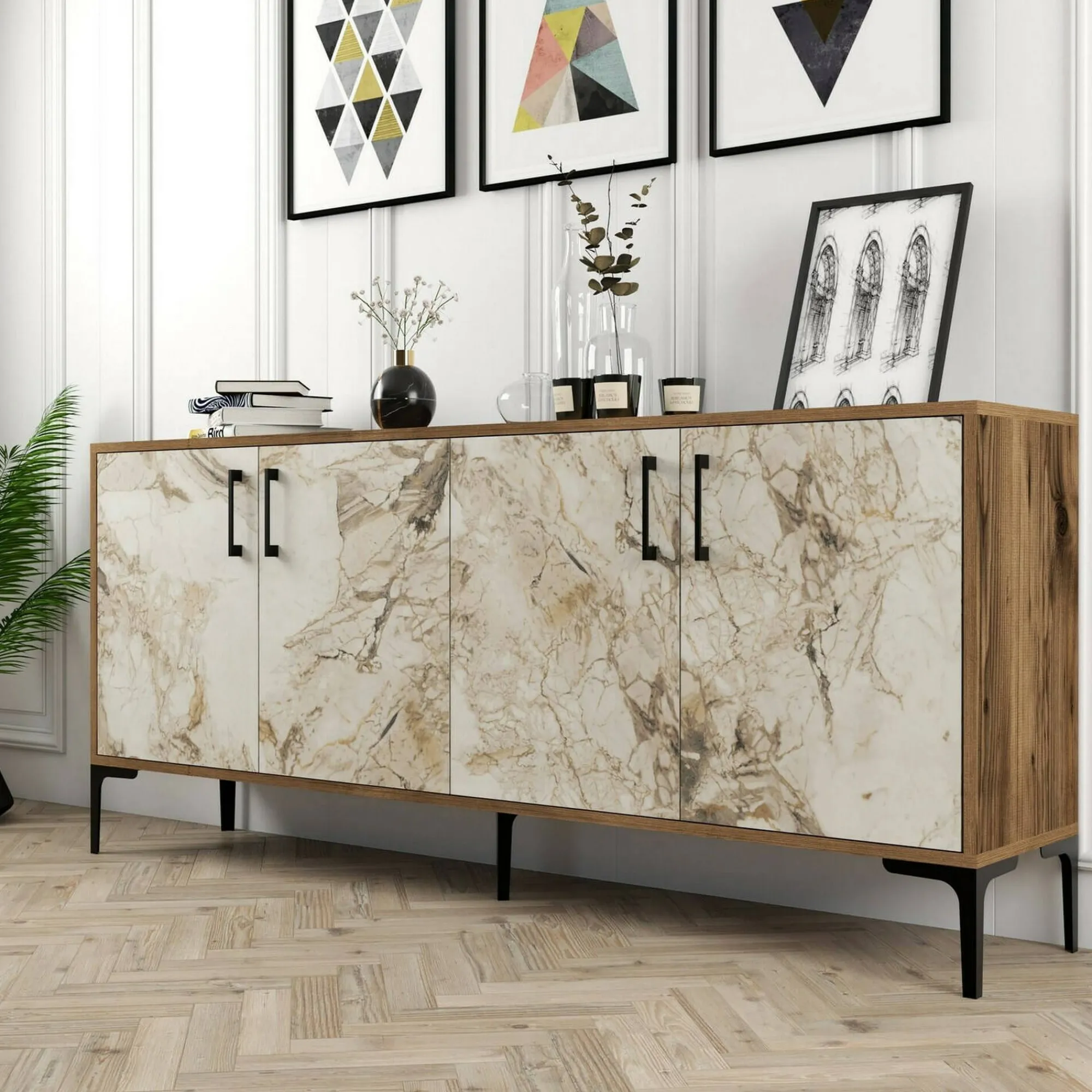 Credenza Agape, 180x35h78 cm, Noce e Bianco Marmo<Dmora Shop