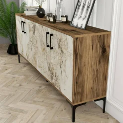 Credenza Agape, 180x35h78 cm, Noce e Bianco Marmo<Dmora Shop