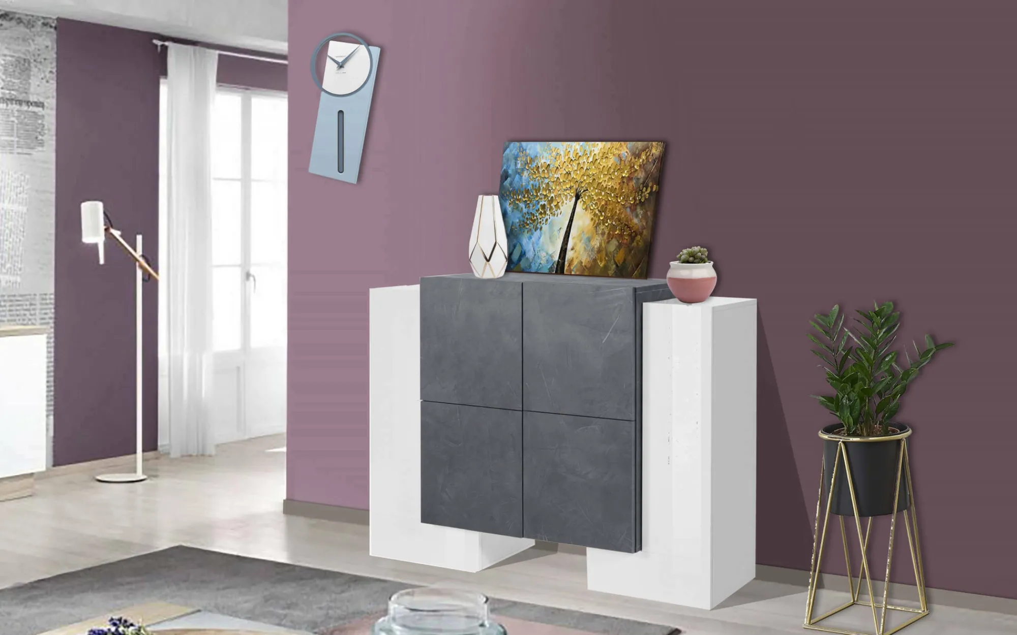 Credenza Age, cm 130x45h100, Bianco lucido e Ardesia<Dmora Store