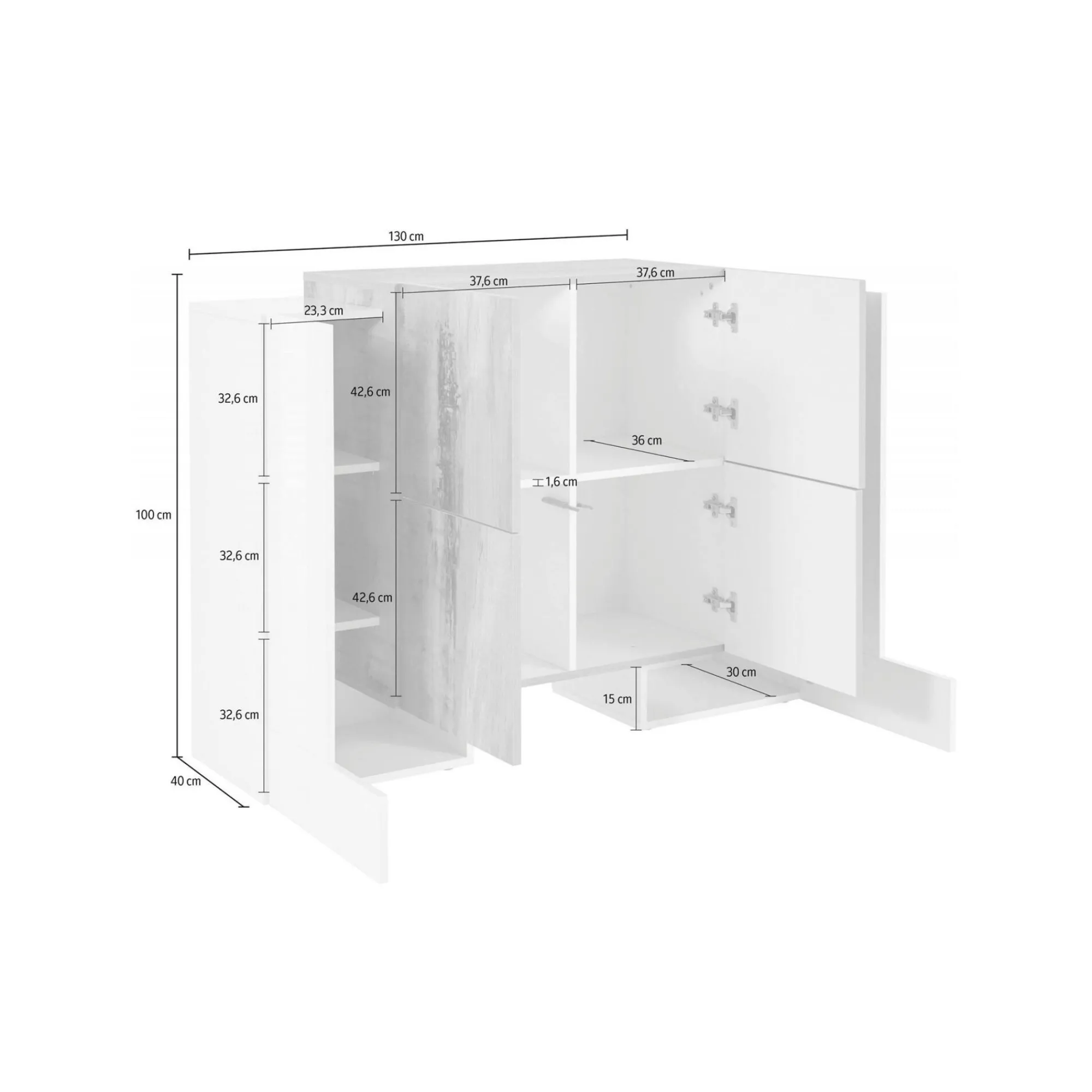 Credenza Age, cm 130x45h100, Bianco lucido e Ardesia<Dmora Store