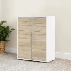 Credenza Agra, 40x89 h113 cm, Bianco e Quercia<Dmora Shop