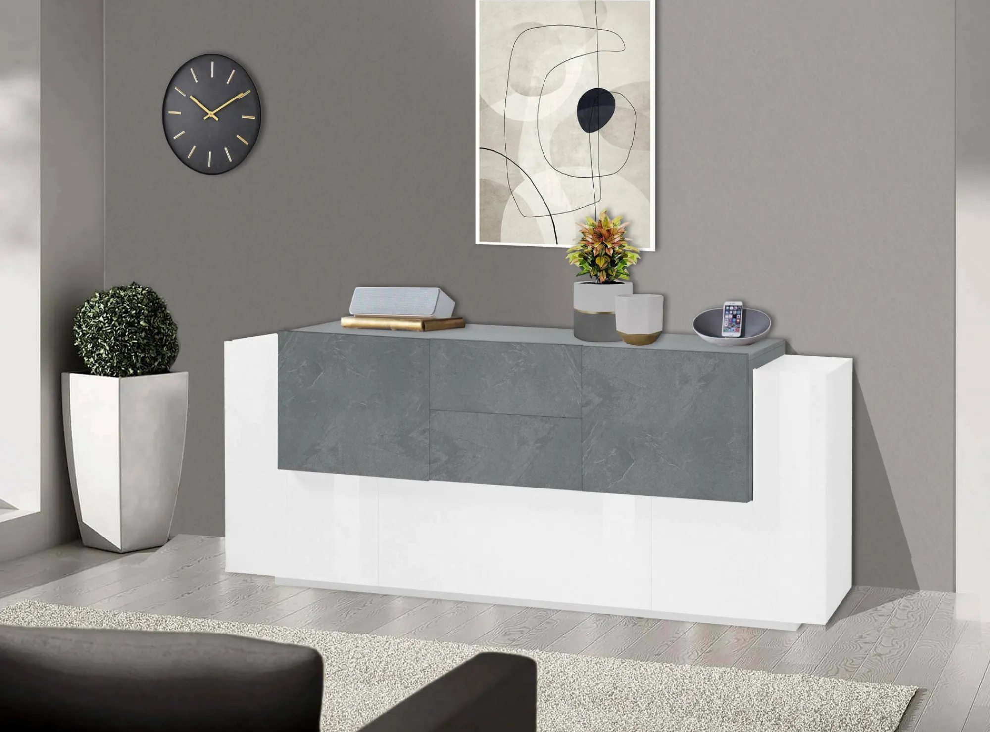 Credenza Akirum, cm 220x45h86, Bianco lucido e Ardesia<Dmora Best